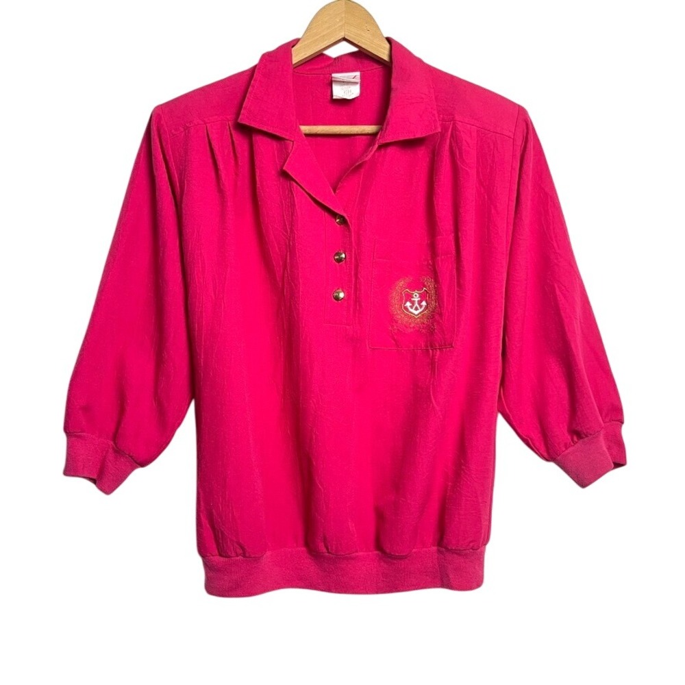 VTG 90s Hot Pink 3/4 Sleeve Collared Button Nautical Sailing Anchor Top Medium